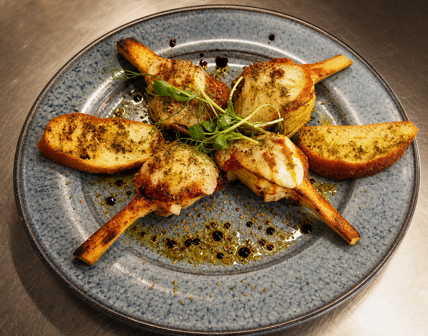 Grilled artichokes with toast, professionally refined from Casa Naranjo's official photograph