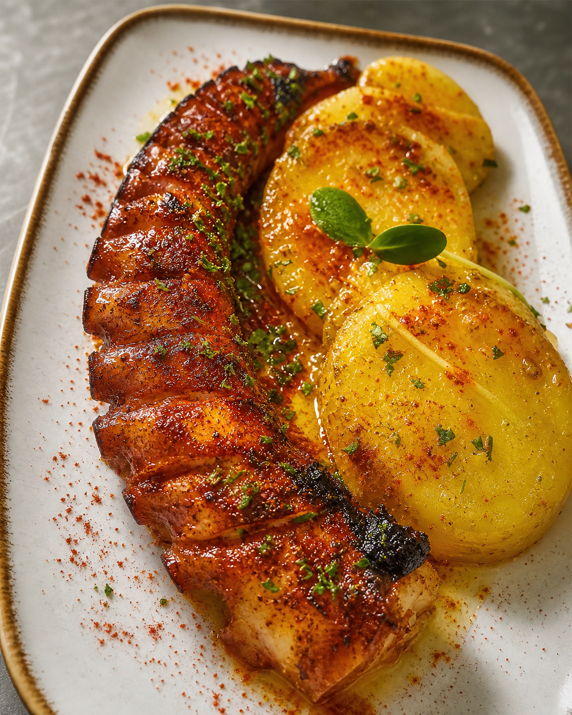 Grilled octopus with paprika and potatoes, professionally refined from Casa Naranjo's official photograph
