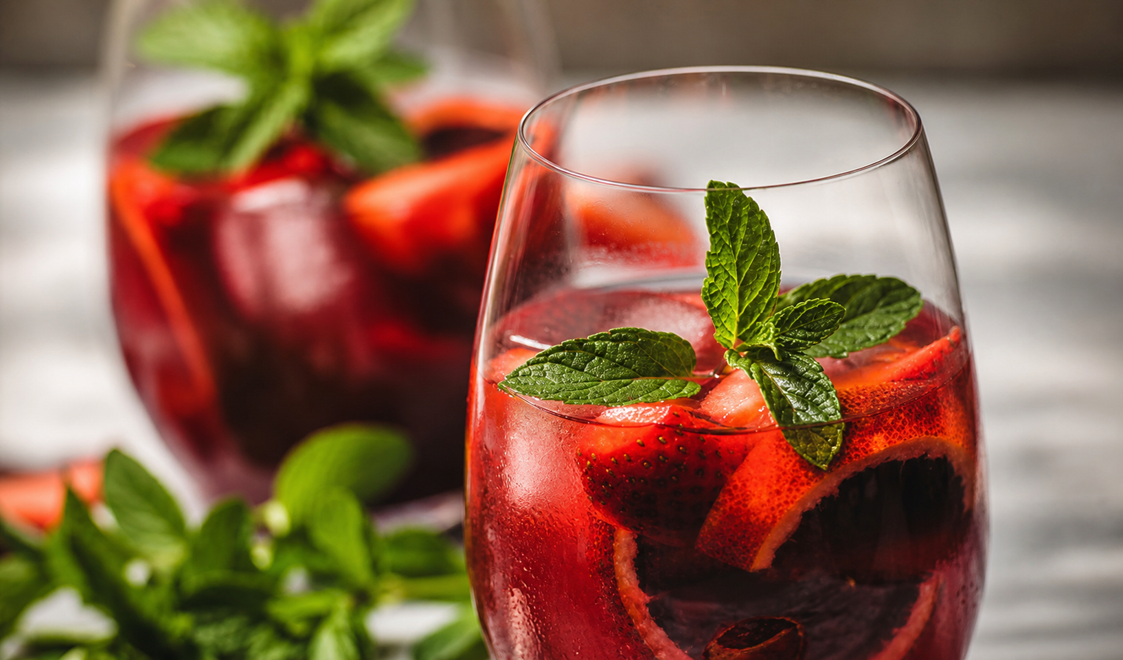 Red sangria with fruit and mint, professionally refined from Casa Naranjo's official photograph