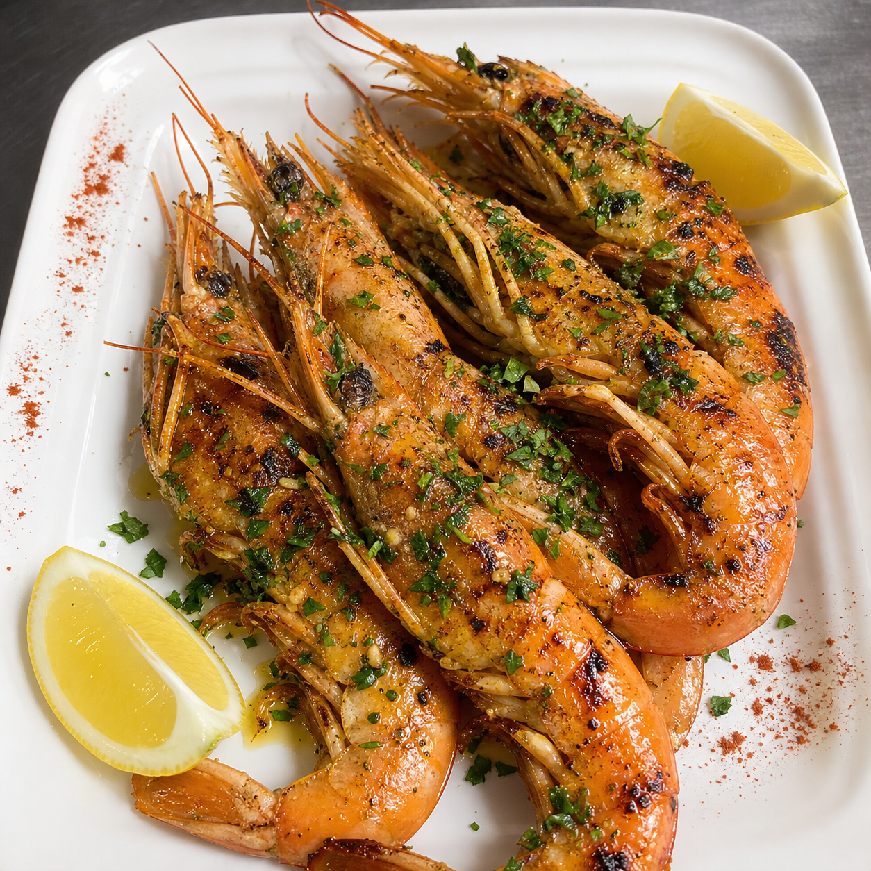 Grilled whole prawns with lemon, professionally refined from Casa Naranjo's official photograph