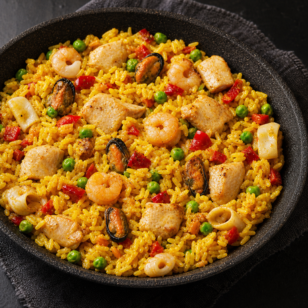 Mixed Spanish paella, professionally refined from Casa Naranjo's official photograph