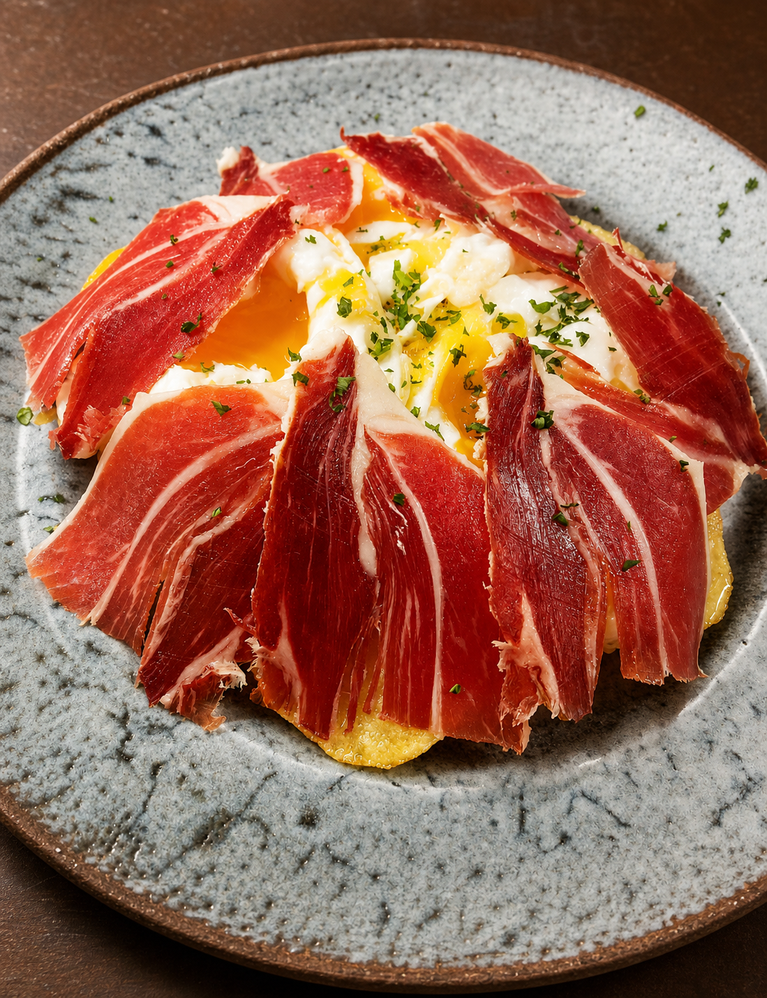 Spanish cured ham with softly cooked eggs on a ceramic plate